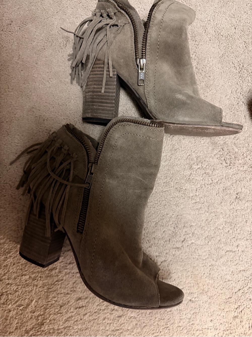 Suede Fringe Peep-Toe Block Heel Ankle Boots - Taupe